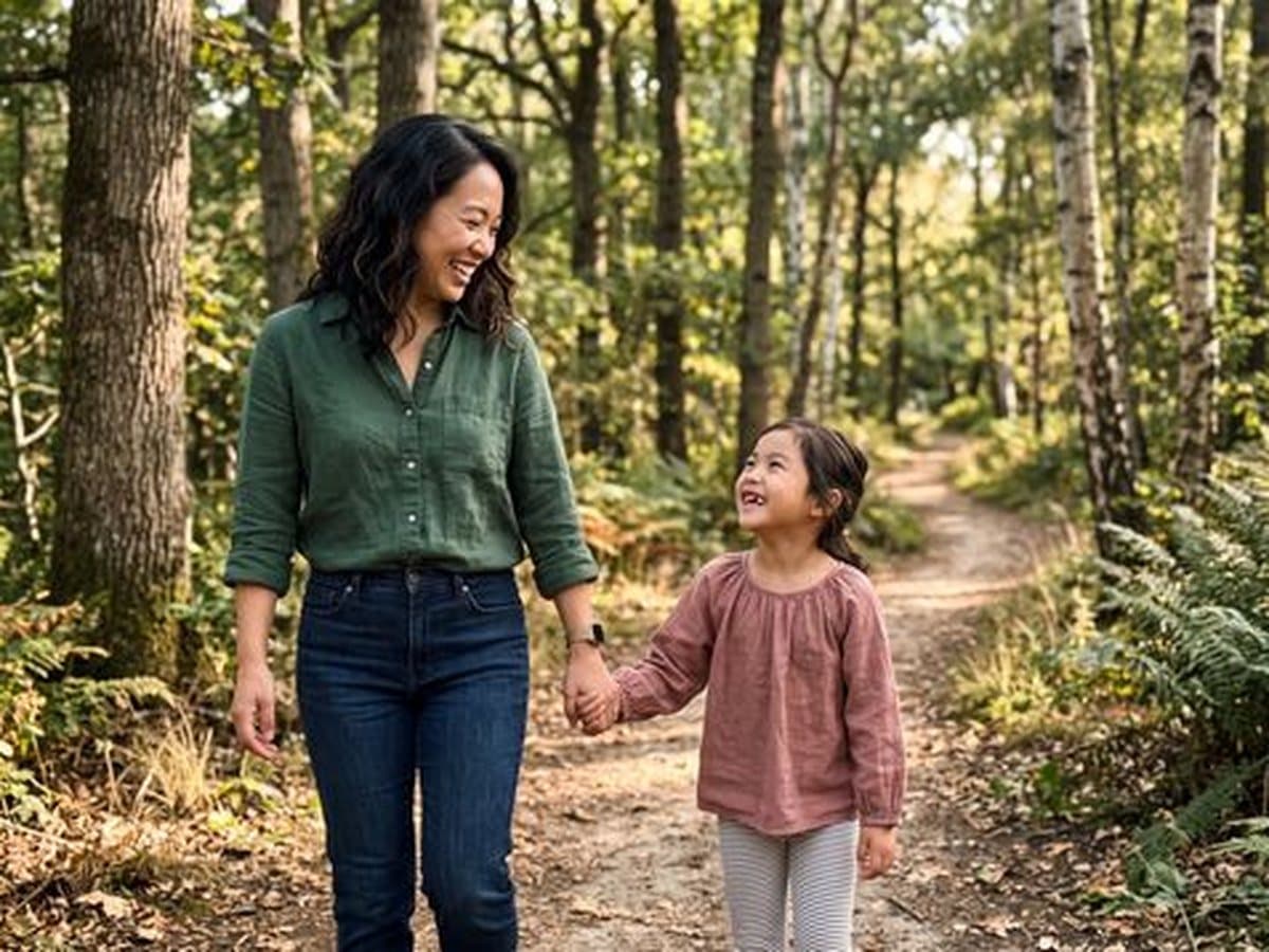 An aunt walking hand in hand with her niece in the woods