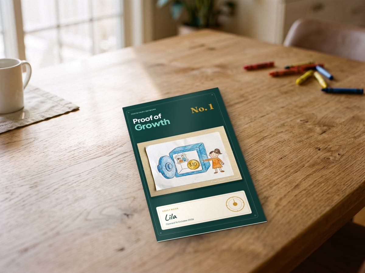 The printed Vault Book on a wooden table beside a child's crayons