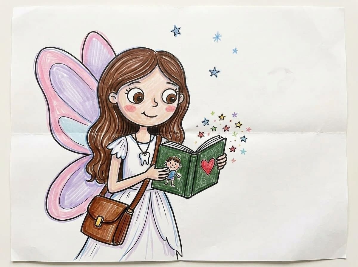 A crayon drawing of Tanda with a personalized book